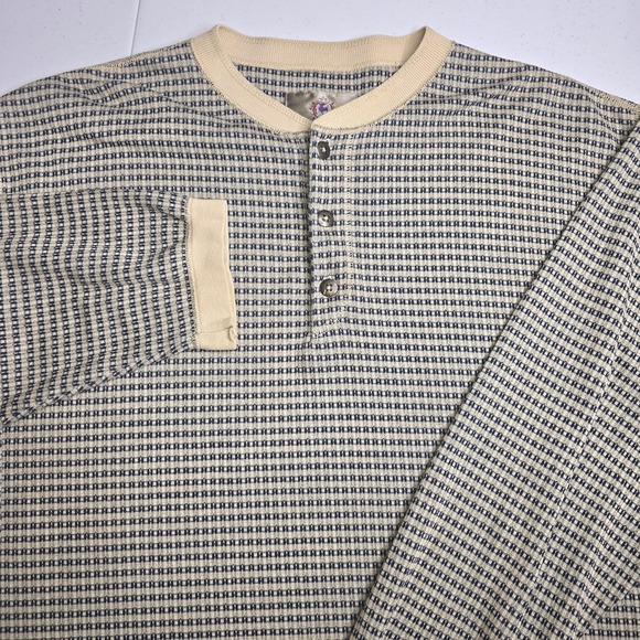 Vintage THE TERRITORY AHEAD Men's L Henley Beige Blue Long Sleeve -1218 - Picture 1 of 7